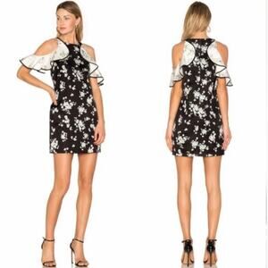 AMUR Jennifer Women Black White Floral Cold Shoulder Ruffle Sleeves Mini Dress 4